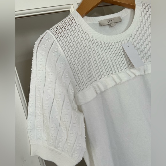 NWT LOFT White Dot & Ruffle Spring Pointelle Sweater Tee M - Picture 2 of 4